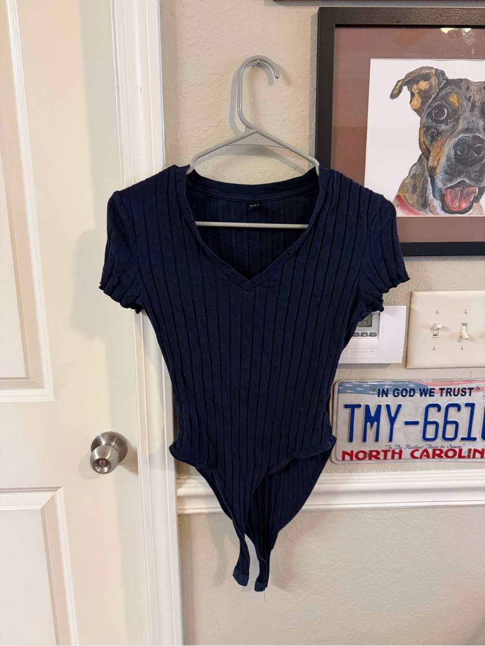SHEIN Navy Ribbed V-Neck Short Sleeve Bodysuit